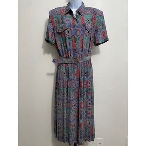 Vtg Women's Multicolored Patterned Belted Maxi Dress 14 Twee Teacher Artsy